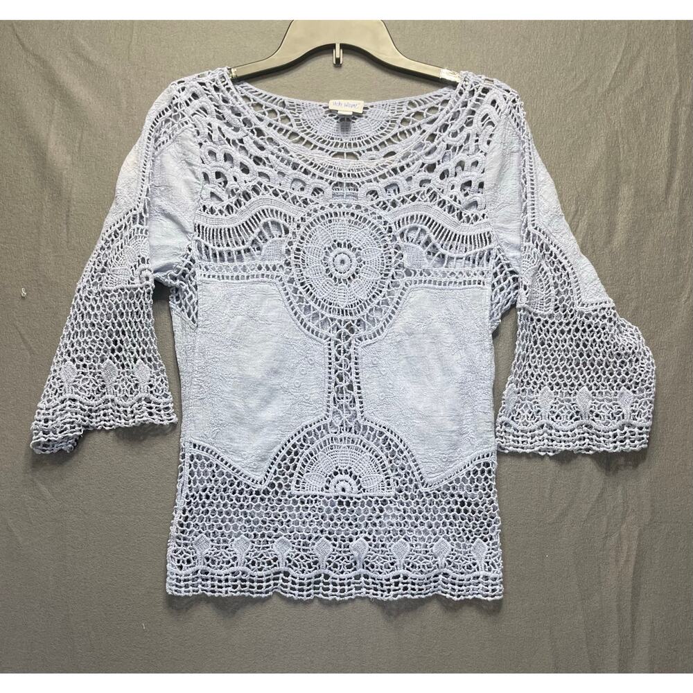 Vicki Wayne blue crochet lace top‎ sz L boho festival romantic festival